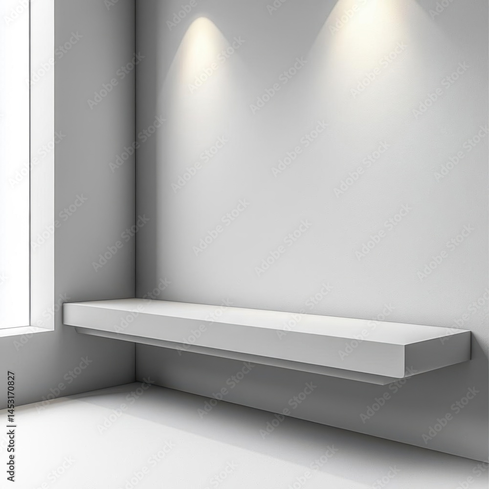 Poster shelf display in room corner with minimalist design, create a clean and spacious feel