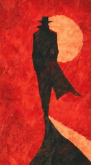 Silhouette of a detective under the moonlight in an art déco style painting.