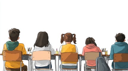 Backview of school students seated in class, colorful drawing style, white background with copy space on the side.