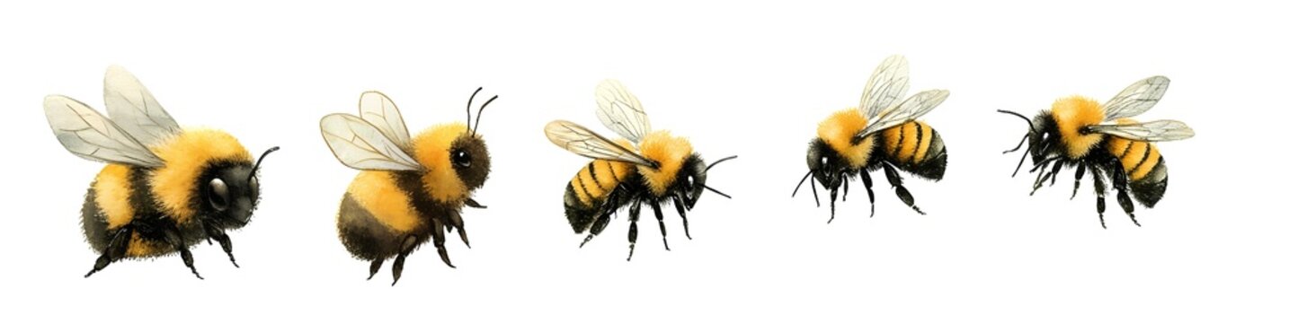 set of watercolor bumblebee with chubby fluffy body isolated on white background, cartoon and realistic style