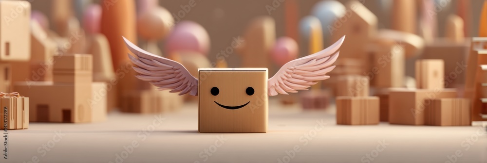 Leinwandbilder smiling box with delivery wings joyfully floating over a whimsical world of colorful buildings and p