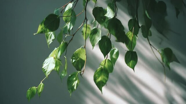 Vibrant green birch leaves hang against a muted gray background, illuminated by soft sunlight creating dramatic shadows. Close up view showcasing intricate leaf details.