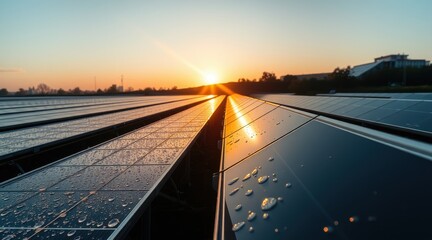 Obraz premium Wide Angle View of Sunset at a Solar Farm Sustainable Photovoltaic Technology