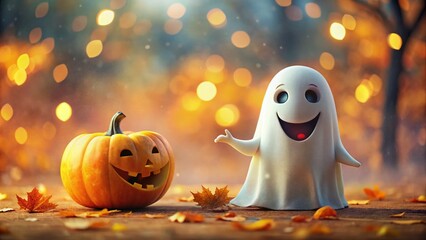 Funny Halloween Ghost & Pumpkin Stock Photo - Spooky Season Fun