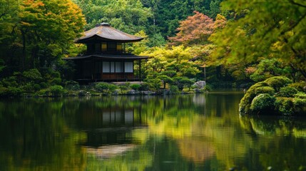 Serene Autumn Reflection:  Golden Pavilion Mirrored in a Tranquil Pond