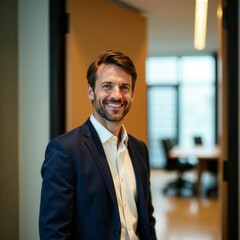 Naklejka premium Smiling business leader near boardroom entrance, outdoor, architecture, achievement