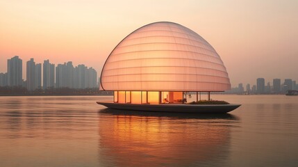 Obraz premium Illuminated dome pavilion floats on city lake at sunset