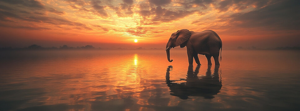 African sunset silhouette of a majestic elephant standing in tranquil waters