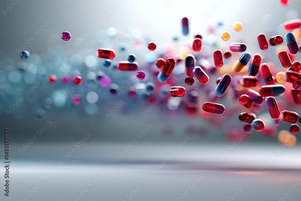 Leinwandbilder Colorful Floating Medicine Capsules in Abstract Gradient Space Create a Dynamic Visual Effect With Soft Lighting Generative AI