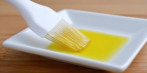 Brush with white bristles rests on a white dish containing yellow oil, placed on a wooden surface. Culinary tool and ingredient concept