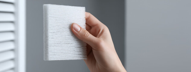 A hand holds a white air filter in front of a louvered surface. Concept: air filtration, cleanliness
