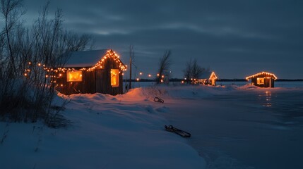 Frozen winter wonderland, illuminated cabins on ice.