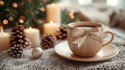 Festive Coffee Cup Surrounded By Christmas Decor High Resolution Photo