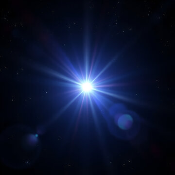Luce, raggio di sole luminoso nello spazio. Bagliore stella. Luce blu