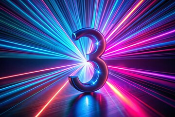 Glowing Neon Number Three: Macro UV Pink Blue Laser Ray