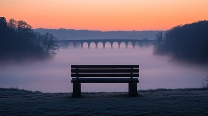 Naklejka premium Misty sunrise bench view, viaduct, calm, serene