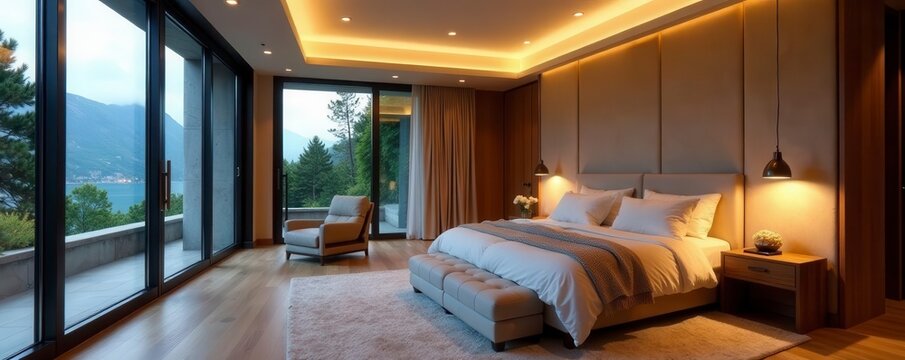 Sleek master suite, exposed beams, LED cove lighting, recessed lighting, bedroom design, decor