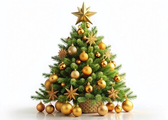Golden Christmas Tree Isolated on White:  Photorealistic Festive Decoration for Holiday Cards & Designs