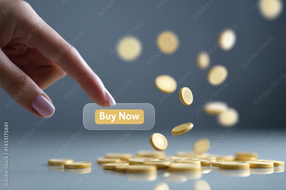 Aufkleber buyer engages with online shopping by clicking buy now button surrounded by floating coins depicting