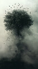Monochrome tree with birds flying away artistic dark scene nature photography black and white art design