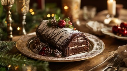 Festive Yule Log Cake centerpiece on holiday table.