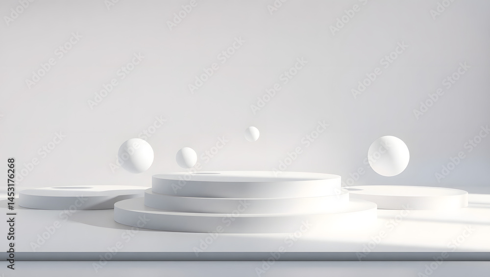 Poster abstract 3d floating platforms and spheres minimalist white scene