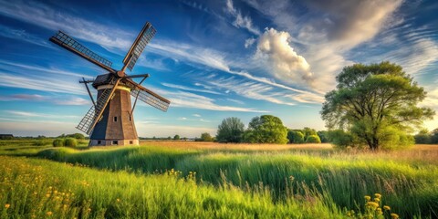 Fototapeta premium A windmill stands alone in a green meadow with a few trees surrounding it under a blue sky, surrounded by tall reeds and wildflowers, environment, netherlands