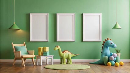 Green Kids Room Interior with Dinosaur Toy & White Frames - Fashion Photography Mockup