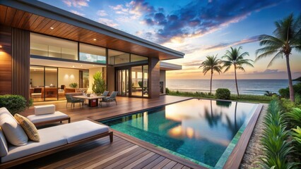 Fototapeta premium A luxurious pool villa with a spacious living area and sliding glass doors leading to an expansive outdoor deck overlooking a serene tropical sea view in summer , tropical resort, beachfront property