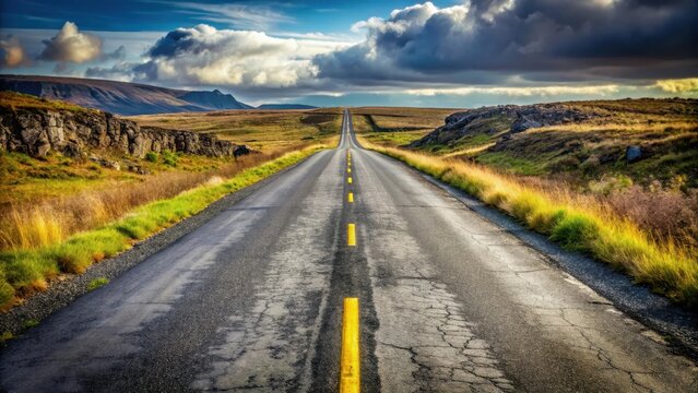 Narrow asphalt road with worn-down lane, isolated path, rugged road background,  isolated path