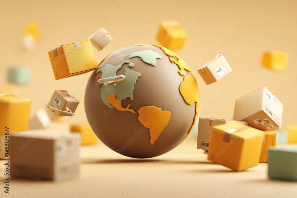 Aufkleber abstract globe surrounded by flying packages illustrates global shipping and commerce dynamics in a 