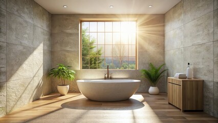 Minimalist Bathroom with Stone Tub and Sunlight Streaming Through Window , simplicity