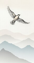 Obraz premium Bird flying over mountains drawing illustration scenic landscape art print design for posters and canvas