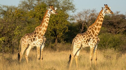 Obraz premium Two giraffes stand in a golden savanna landscape.