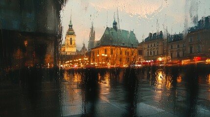 Obraz premium City street scene at night through a rainy window.