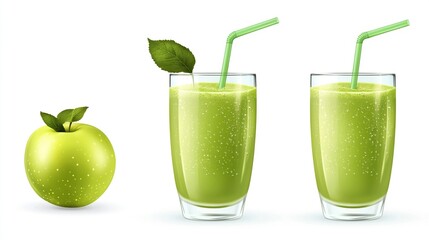 Fresh green apple smoothie in glasses