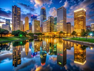 Naklejka premium Houston Financial District Night Skyline, Modern Cityscape, Texas Business, Urban Architecture, Evening Lights