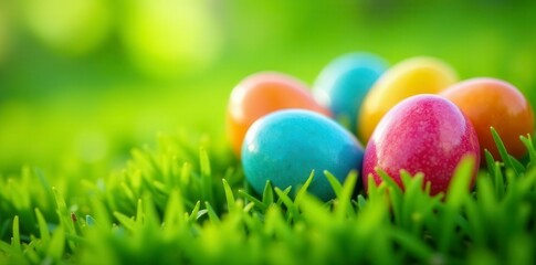 Fototapeta premium Close-up of colorful eggs nestled in bright green grass , painted, grass, vibrant