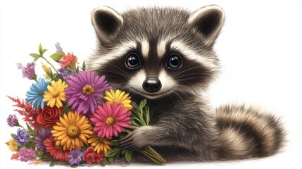 Obraz premium Raccoon Holding a Vibrant Bouquet of Colorful Flowers Isolated on White Background, Delightful Springtime Image