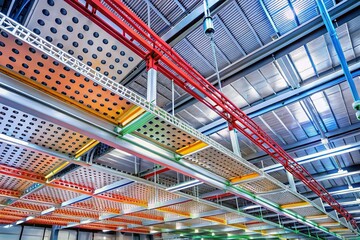 Industrial Metal Cable Trays Installed Under Hangar Roof - Electrical Wiring Infrastructure