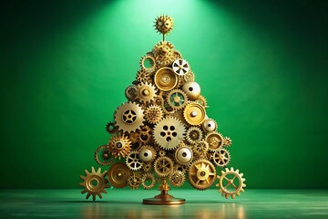 Ingenious Christmas Tree of Gears: Construction Teamwork Holiday Stock Photo