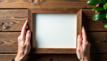Hands carefully unwrap a rustic wooden picture frame on a wooden table , element, eco-friendly