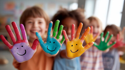 Multiracial group of children showing painted smiling hands in bright classroom, symbol of diversity, creativity and joy for art education, school projects and equality campaigns.