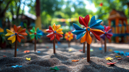 Bright multicolored pinwheels in sunny playground with blurred background, playful summer symbol of joy, movement, and childhood fun for kids’ events, toy shops, or outdoor party designs.