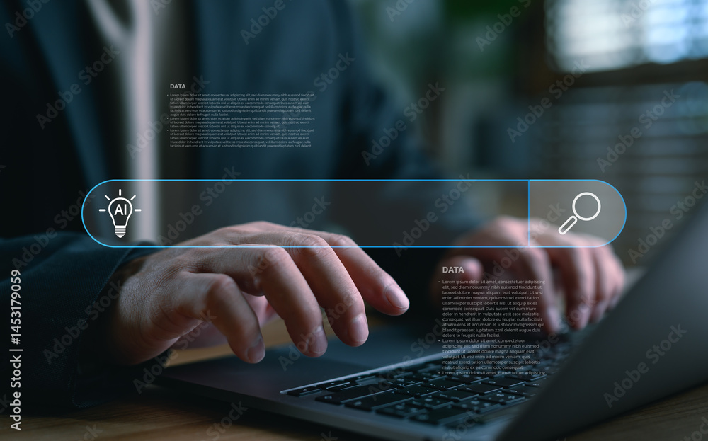 Aufkleber Hands typing on laptop with AI search bar interface, representing artificial intelligence, smart search engine, data analysis, machine learning, digital assistant, and intelligent information system.
