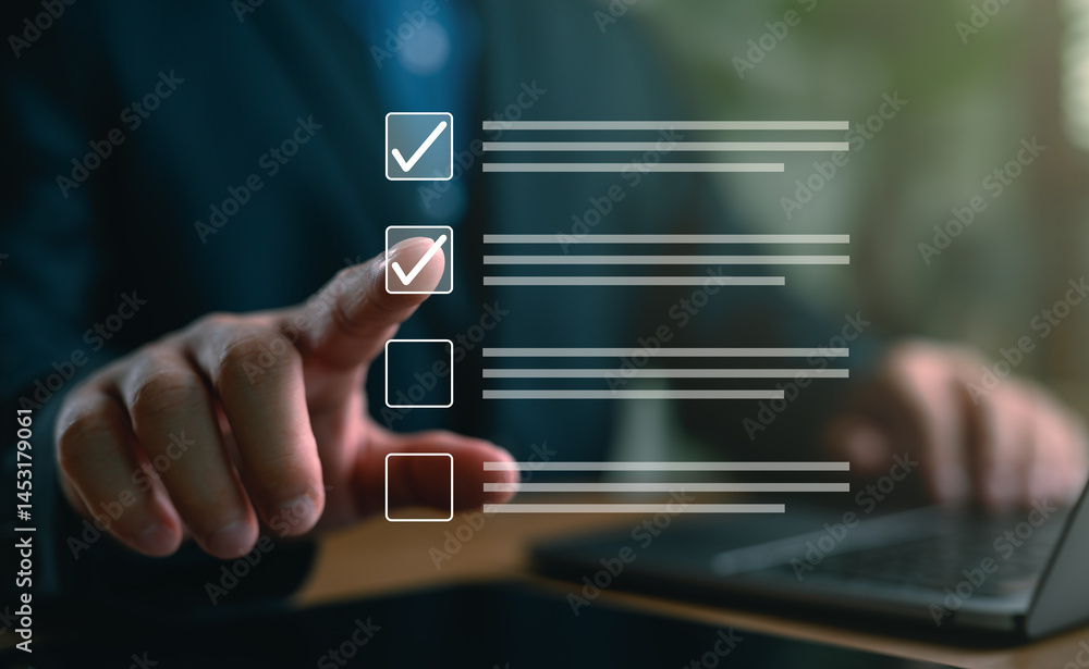 Poster Businessman finger selecting checklist item on virtual interface, representing task management, planning, productivity, decision making, and digital workflow in modern business.