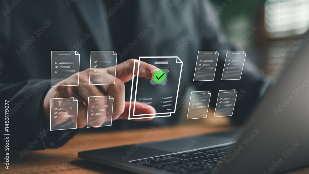 Poster businessman finger selecting digital document with check mark icon, representing paperless workflow,