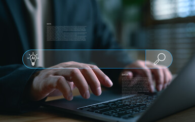 Hands typing on laptop with AI search bar interface, representing artificial intelligence, smart search engine, data analysis, machine learning, digital assistant, and intelligent information system.