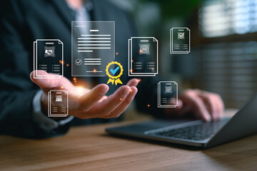 Businessman holding certified documents and ISO, representing document verification, quality...