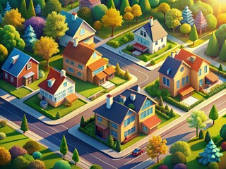 Isometric Suburban Neighborhood Drone View: Houses, Trees, Cars - Aerial Cityscape Illustration
